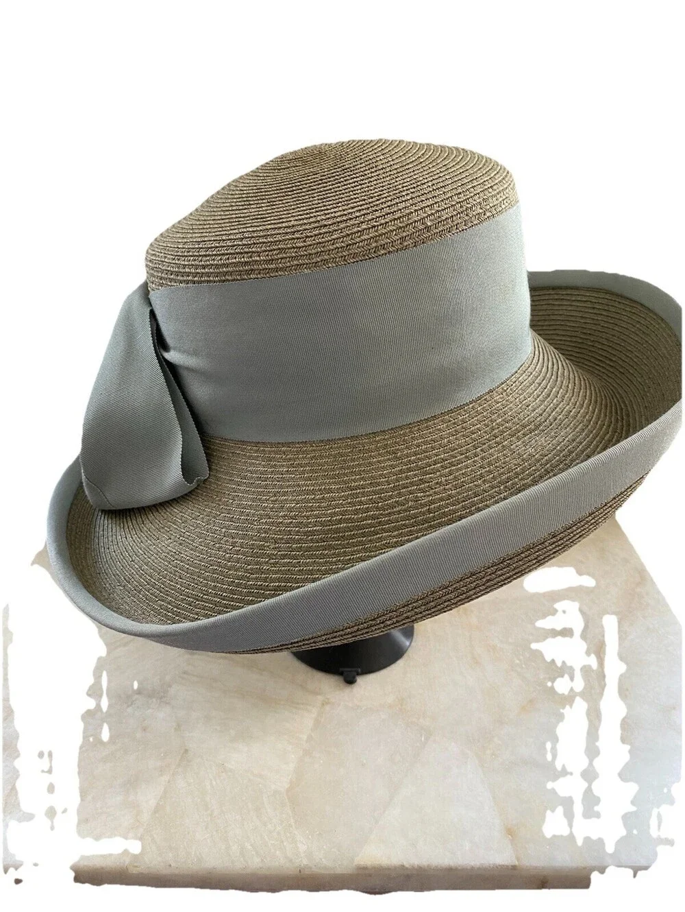 ERIC JAVITS Beige Natural Straw Wide Brim Fedora Floppy Sun Hat Blue Wide Bow